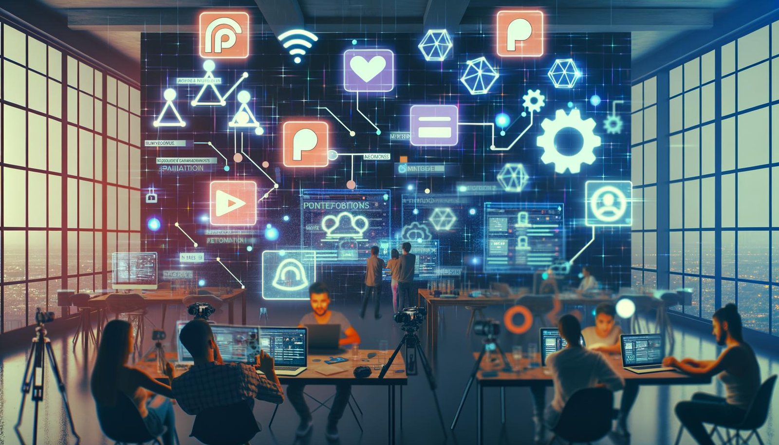 Junge Creators im modernen Loft-Workspace analysieren holografische Dashboards mit Daten zu Plattformen wie Patreon und YouTube, illustriert mit technischen Symbolen und Neonfarben.