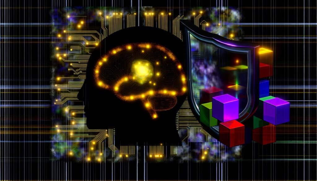 Stilisierte Illustration eines schwarzen Motherboards mit goldenen Leiterbahnen und leuchtender Gehirn-Silhouette, umgeben von digitalem Schutzschild und abprallenden farbigen Würfeln, vor einem technisch-rauchigen Hintergrund mit Glitches.