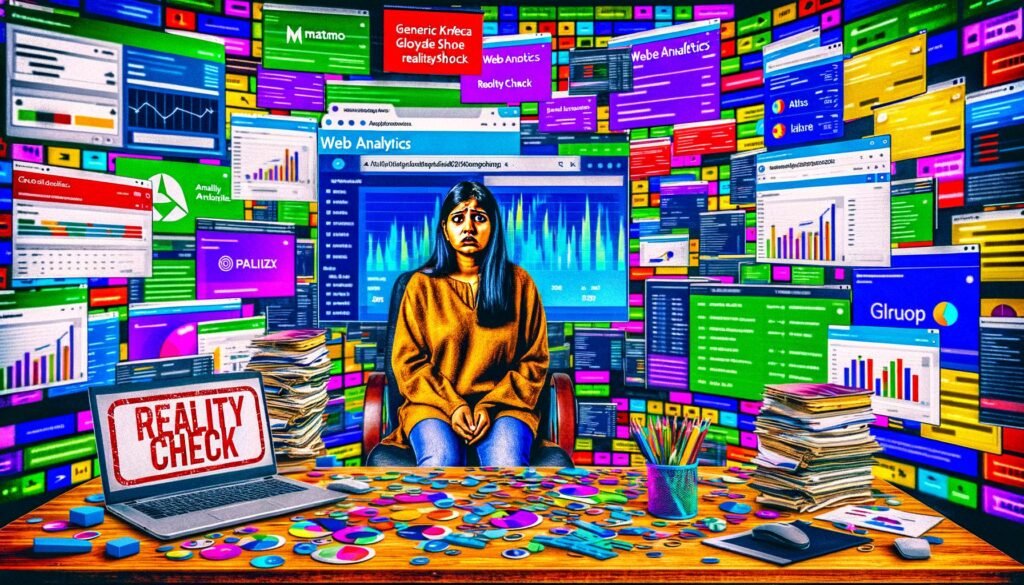 Überfüllter digitaler Schreibtisch mit Analytics-Dashboards, Zahlen und Logos von Google Analytics, Matomo, Adobe Analytics, Plausible. In der Mitte sitzt eine verzweifelte Person, im Hintergrund ein Reality-Check-Stempel.
