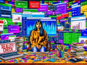 Überfüllter digitaler Schreibtisch mit Analytics-Dashboards, Zahlen und Logos von Google Analytics, Matomo, Adobe Analytics, Plausible. In der Mitte sitzt eine verzweifelte Person, im Hintergrund ein Reality-Check-Stempel.