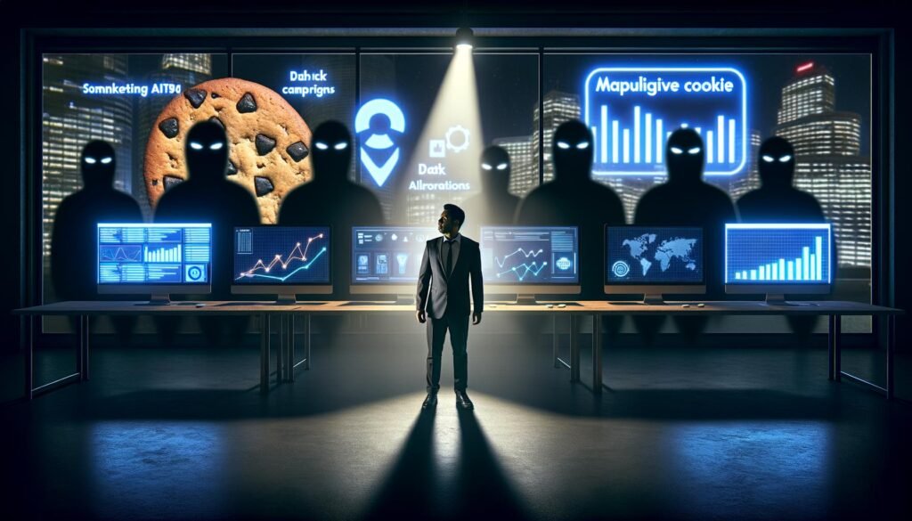 Futuristisches Büro im Noir-Stil mit Geschäftsfigur vor Bildschirmen, Daten, KI-Algorithmen und auffälligem Cookie-Banner, umgeben von gesichtslosen Schattengestalten als Symbol für digitale Ethik.