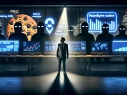 Futuristisches Büro im Noir-Stil mit Geschäftsfigur vor Bildschirmen, Daten, KI-Algorithmen und auffälligem Cookie-Banner, umgeben von gesichtslosen Schattengestalten als Symbol für digitale Ethik.