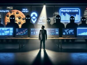 Futuristisches Büro im Noir-Stil mit Geschäftsfigur vor Bildschirmen, Daten, KI-Algorithmen und auffälligem Cookie-Banner, umgeben von gesichtslosen Schattengestalten als Symbol für digitale Ethik.