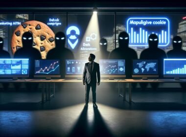 Futuristisches Büro im Noir-Stil mit Geschäftsfigur vor Bildschirmen, Daten, KI-Algorithmen und auffälligem Cookie-Banner, umgeben von gesichtslosen Schattengestalten als Symbol für digitale Ethik.