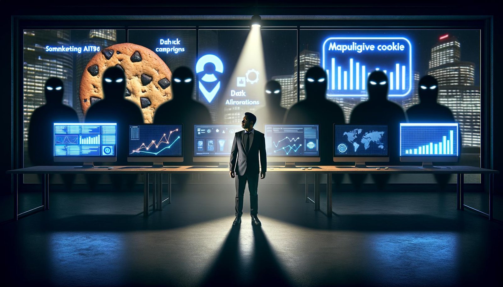 Futuristisches Büro im Noir-Stil mit Geschäftsfigur vor Bildschirmen, Daten, KI-Algorithmen und auffälligem Cookie-Banner, umgeben von gesichtslosen Schattengestalten als Symbol für digitale Ethik.