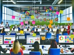 Junges Marketing-Team arbeitet in einem energiegeladenen, modernen Büro an großen Monitoren mit komplexen Dashboards, Post-its an Glaswänden und digitalen Geräten im Hintergrund.
