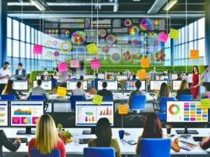 Junges Marketing-Team arbeitet in einem energiegeladenen, modernen Büro an großen Monitoren mit komplexen Dashboards, Post-its an Glaswänden und digitalen Geräten im Hintergrund.