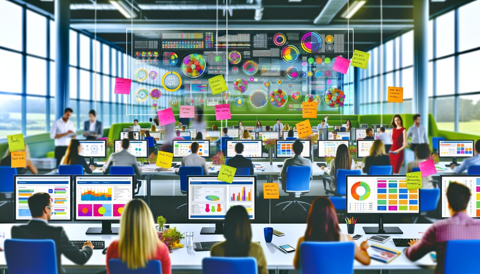 Junges Marketing-Team arbeitet in einem energiegeladenen, modernen Büro an großen Monitoren mit komplexen Dashboards, Post-its an Glaswänden und digitalen Geräten im Hintergrund.