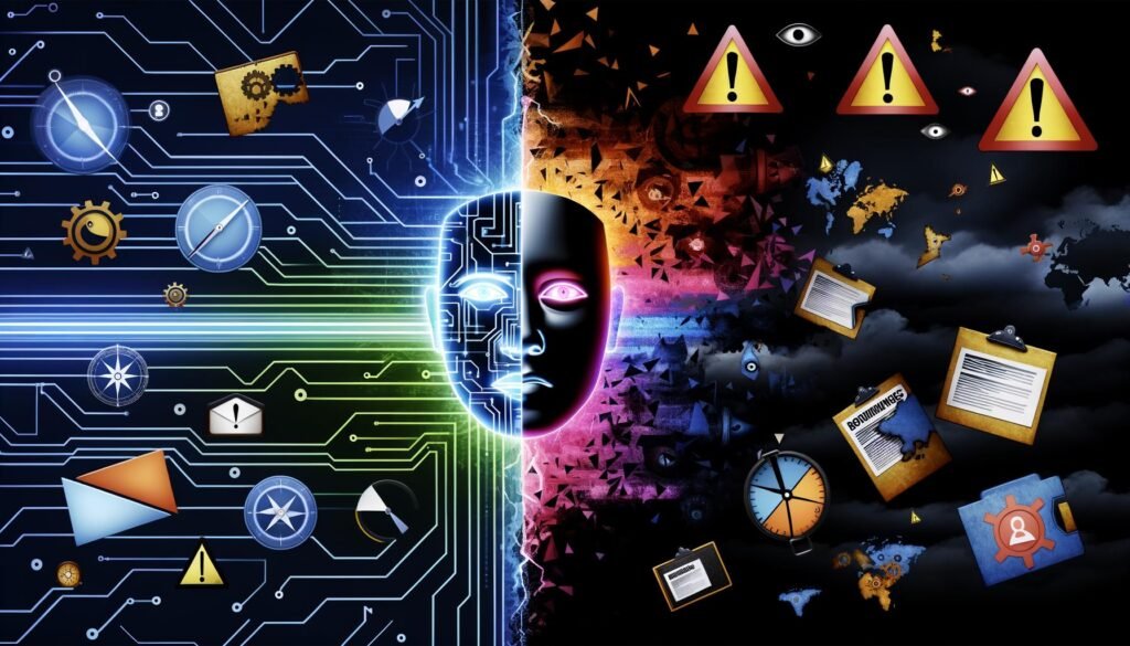 Symbolische Illustration eines modernen Roboterkopfes, halb digital leuchtend, halb von Schatten bedeckt, im Hintergrund Zusammenprall von Tech-Hoffnung und Warnungen vor KI-Gefahren.