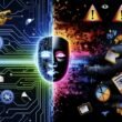 Symbolische Illustration eines modernen Roboterkopfes, halb digital leuchtend, halb von Schatten bedeckt, im Hintergrund Zusammenprall von Tech-Hoffnung und Warnungen vor KI-Gefahren.