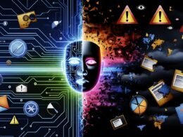Symbolische Illustration eines modernen Roboterkopfes, halb digital leuchtend, halb von Schatten bedeckt, im Hintergrund Zusammenprall von Tech-Hoffnung und Warnungen vor KI-Gefahren.