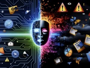 Symbolische Illustration eines modernen Roboterkopfes, halb digital leuchtend, halb von Schatten bedeckt, im Hintergrund Zusammenprall von Tech-Hoffnung und Warnungen vor KI-Gefahren.