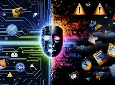 Symbolische Illustration eines modernen Roboterkopfes, halb digital leuchtend, halb von Schatten bedeckt, im Hintergrund Zusammenprall von Tech-Hoffnung und Warnungen vor KI-Gefahren.