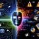 Symbolische Illustration eines modernen Roboterkopfes, halb digital leuchtend, halb von Schatten bedeckt, im Hintergrund Zusammenprall von Tech-Hoffnung und Warnungen vor KI-Gefahren.
