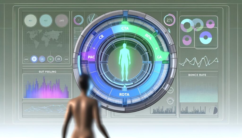 Modernes Titelbild mit halbtransparentem Daten-Kompass, digitalen KPI-Anzeigen und einer Person, die vom PowerPoint-Slide zum leuchtenden Analyse-Dashboard blickt, gestaltet in minimalistischer Tech-Ästhetik mit Neonakzenten.