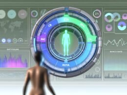 Modernes Titelbild mit halbtransparentem Daten-Kompass, digitalen KPI-Anzeigen und einer Person, die vom PowerPoint-Slide zum leuchtenden Analyse-Dashboard blickt, gestaltet in minimalistischer Tech-Ästhetik mit Neonakzenten.