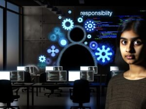 Entwickler in einem dunklen Großraumbüro bei Nacht, umgeben von Monitoren mit Code und Daten, Schatten von Zahnrädern und KI-Symbolen an der Wand; Schriftzug 'Verantwortung' leuchtet darüber.