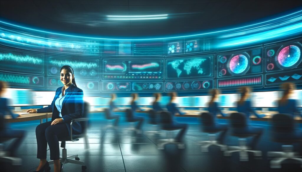 Marketing-Spezialistin vor gebogener Wand mit Live-Dashboards in leuchtenden Farben in modernem Kontrollraum, umgeben von Kolleg:innen und dynamischen Lichtern.