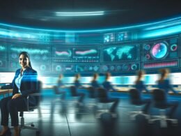 Marketing-Spezialistin vor gebogener Wand mit Live-Dashboards in leuchtenden Farben in modernem Kontrollraum, umgeben von Kolleg:innen und dynamischen Lichtern.