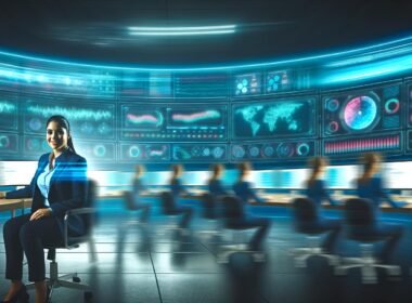 Marketing-Spezialistin vor gebogener Wand mit Live-Dashboards in leuchtenden Farben in modernem Kontrollraum, umgeben von Kolleg:innen und dynamischen Lichtern.