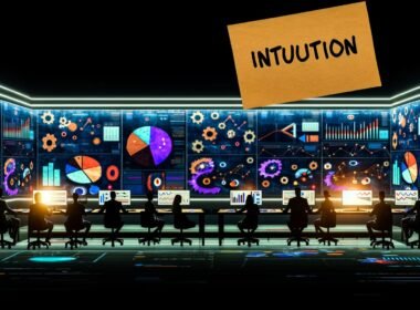 Digitalmarketing-Team analysiert abends leuchtende Dashboards und Datenvisualisierungen; traditionelle PowerPoint-Folien stauben im Hintergrund ein. Am Tisch klebt ein durchgestrichener Zettel mit dem Wort 'Bauchgefühl'. Moderne, präzise Arbeitsatmosphäre.