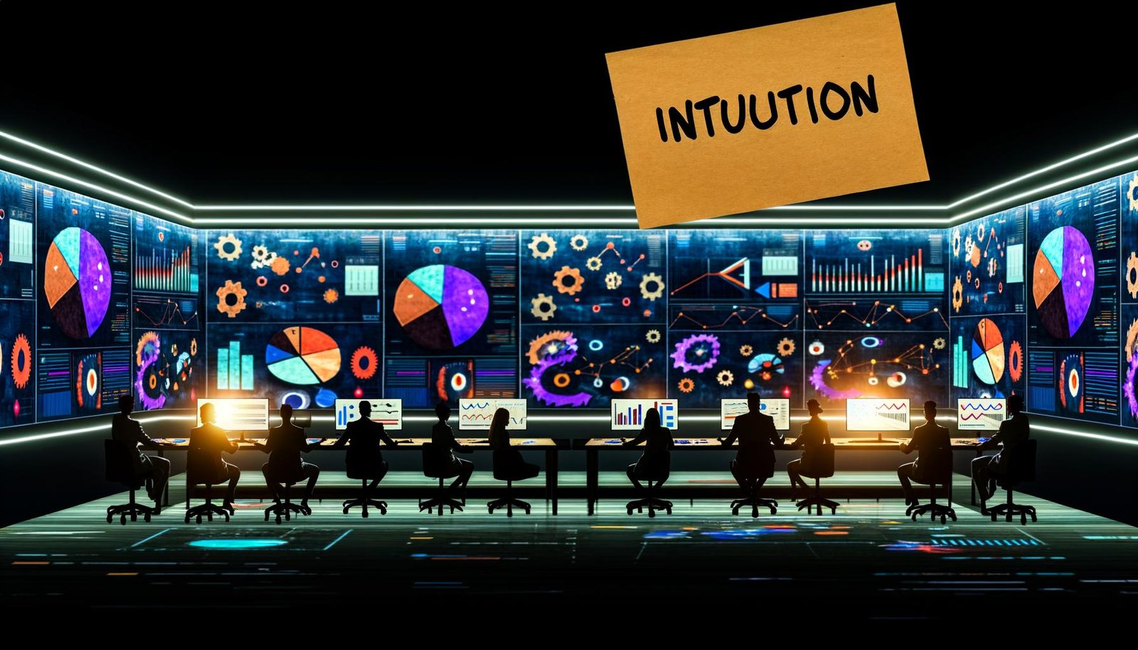 Digitalmarketing-Team analysiert abends leuchtende Dashboards und Datenvisualisierungen; traditionelle PowerPoint-Folien stauben im Hintergrund ein. Am Tisch klebt ein durchgestrichener Zettel mit dem Wort 'Bauchgefühl'. Moderne, präzise Arbeitsatmosphäre.