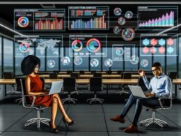 Marketers arbeiten entspannt in einem modernen Büro mit digitalen Dashboards, automatisierten Workflows und Echtzeit-Alerts, umgeben von smarten Geräten ohne gedruckte Berichte.