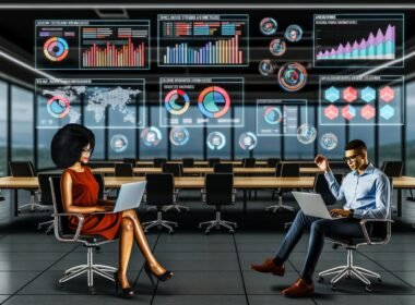 Marketers arbeiten entspannt in einem modernen Büro mit digitalen Dashboards, automatisierten Workflows und Echtzeit-Alerts, umgeben von smarten Geräten ohne gedruckte Berichte.