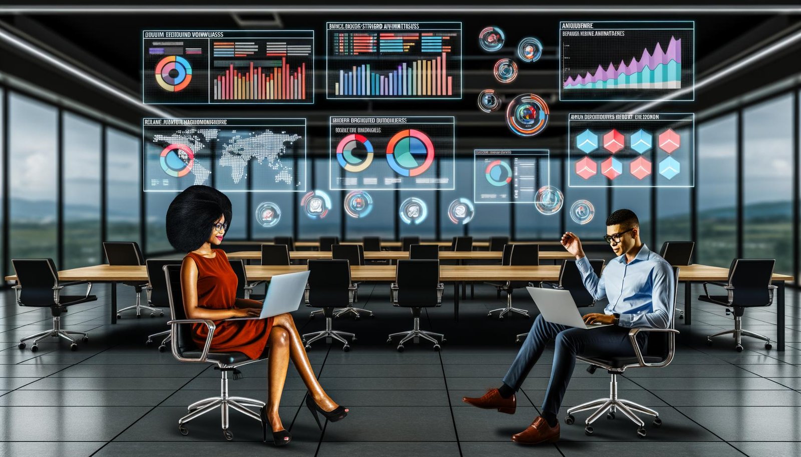 Marketers arbeiten entspannt in einem modernen Büro mit digitalen Dashboards, automatisierten Workflows und Echtzeit-Alerts, umgeben von smarten Geräten ohne gedruckte Berichte.