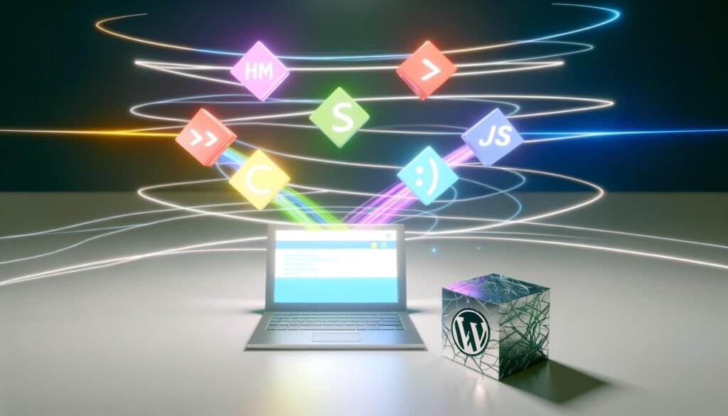 Abstrahiertes Laptop mit Webflow-Oberfläche, umgeben von schwebenden, bunten HTML-, CSS- und JS-Icons als stabile Bausteine. Im Hintergrund verschlungene Lichtlinien für Highspeed-Netzwerk, ein rissiger WordPress-Würfel am Rand.
