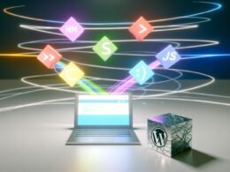 Abstrahiertes Laptop mit Webflow-Oberfläche, umgeben von schwebenden, bunten HTML-, CSS- und JS-Icons als stabile Bausteine. Im Hintergrund verschlungene Lichtlinien für Highspeed-Netzwerk, ein rissiger WordPress-Würfel am Rand.