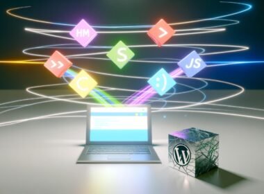 Abstrahiertes Laptop mit Webflow-Oberfläche, umgeben von schwebenden, bunten HTML-, CSS- und JS-Icons als stabile Bausteine. Im Hintergrund verschlungene Lichtlinien für Highspeed-Netzwerk, ein rissiger WordPress-Würfel am Rand.