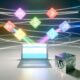 Abstrahiertes Laptop mit Webflow-Oberfläche, umgeben von schwebenden, bunten HTML-, CSS- und JS-Icons als stabile Bausteine. Im Hintergrund verschlungene Lichtlinien für Highspeed-Netzwerk, ein rissiger WordPress-Würfel am Rand.