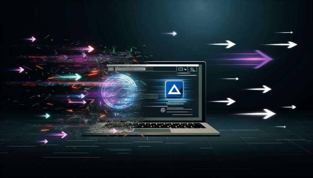 Technische Illustration eines Laptops, auf dessen Bildschirm das Webflow-Logo erscheint und der Übergang von chaotischem Code zu einer schnellen, minimalistischen HTML-Website gezeigt wird. Lichtblitze und Ranking-Pfeile im Cyberpunk-Stil visualisieren Performance und SEO-Erfolg.