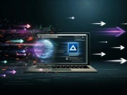 Technische Illustration eines Laptops, auf dessen Bildschirm das Webflow-Logo erscheint und der Übergang von chaotischem Code zu einer schnellen, minimalistischen HTML-Website gezeigt wird. Lichtblitze und Ranking-Pfeile im Cyberpunk-Stil visualisieren Performance und SEO-Erfolg.