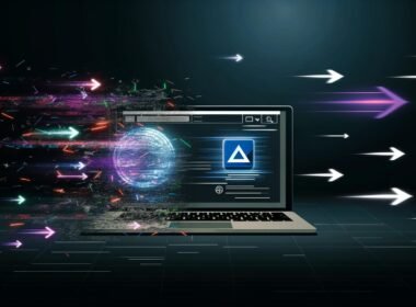 Technische Illustration eines Laptops, auf dessen Bildschirm das Webflow-Logo erscheint und der Übergang von chaotischem Code zu einer schnellen, minimalistischen HTML-Website gezeigt wird. Lichtblitze und Ranking-Pfeile im Cyberpunk-Stil visualisieren Performance und SEO-Erfolg.