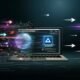 Technische Illustration eines Laptops, auf dessen Bildschirm das Webflow-Logo erscheint und der Übergang von chaotischem Code zu einer schnellen, minimalistischen HTML-Website gezeigt wird. Lichtblitze und Ranking-Pfeile im Cyberpunk-Stil visualisieren Performance und SEO-Erfolg.