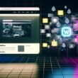Futuristischer Arbeitsplatz mit Webflow-Interface und Blockchain-Design auf schwebenden Monitoren, betont durch Neonbeleuchtung und digitale Datenströme