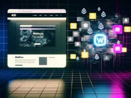 Futuristischer Arbeitsplatz mit Webflow-Interface und Blockchain-Design auf schwebenden Monitoren, betont durch Neonbeleuchtung und digitale Datenströme