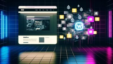 Futuristischer Arbeitsplatz mit Webflow-Interface und Blockchain-Design auf schwebenden Monitoren, betont durch Neonbeleuchtung und digitale Datenströme