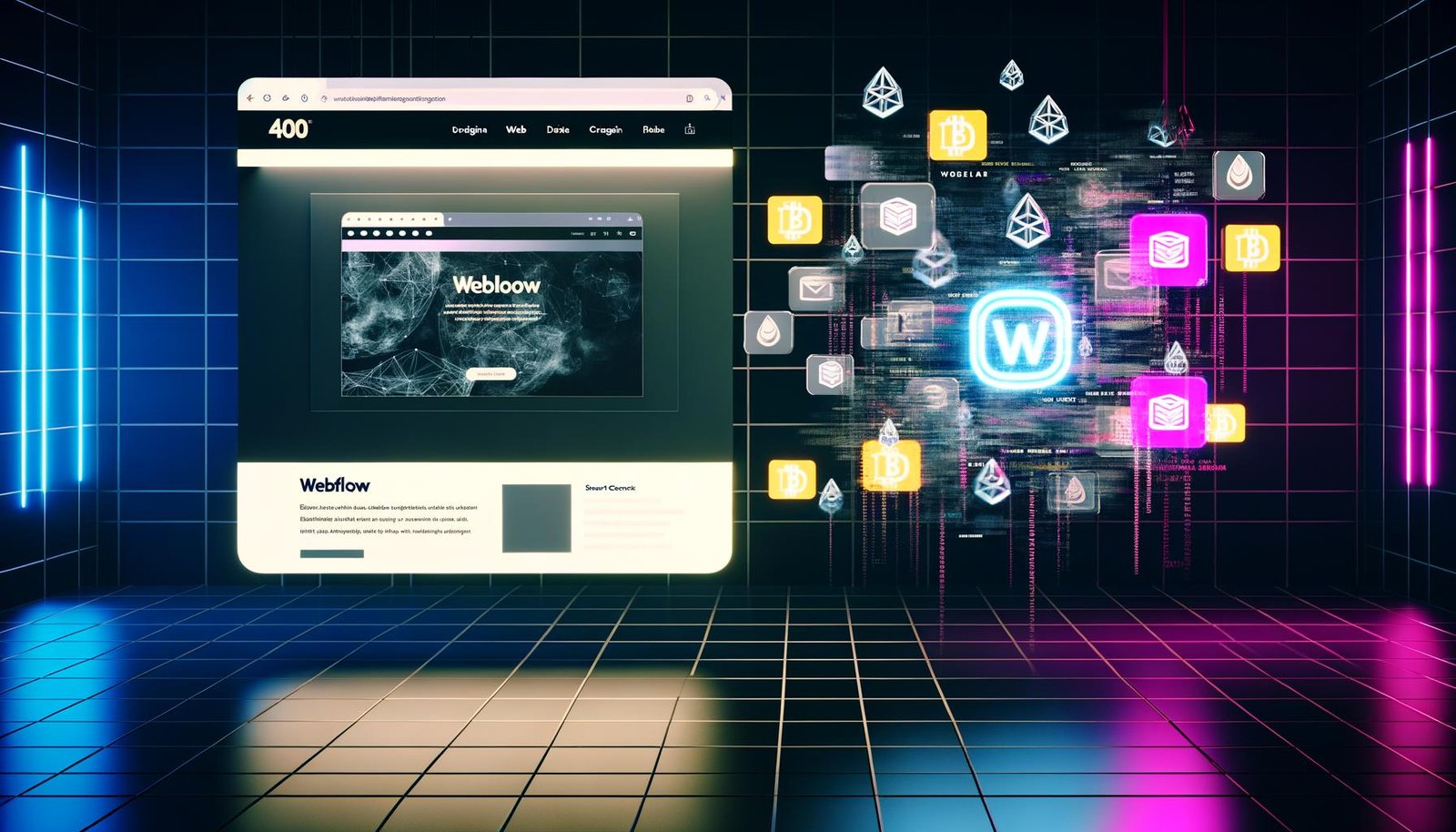 Futuristischer Arbeitsplatz mit Webflow-Interface und Blockchain-Design auf schwebenden Monitoren, betont durch Neonbeleuchtung und digitale Datenströme