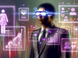 Moderne Business-Person mit Datenbrille betrachtet futuristische Dashboards mit bunten KPIs und Social-Media-Symbolen im Hintergrund