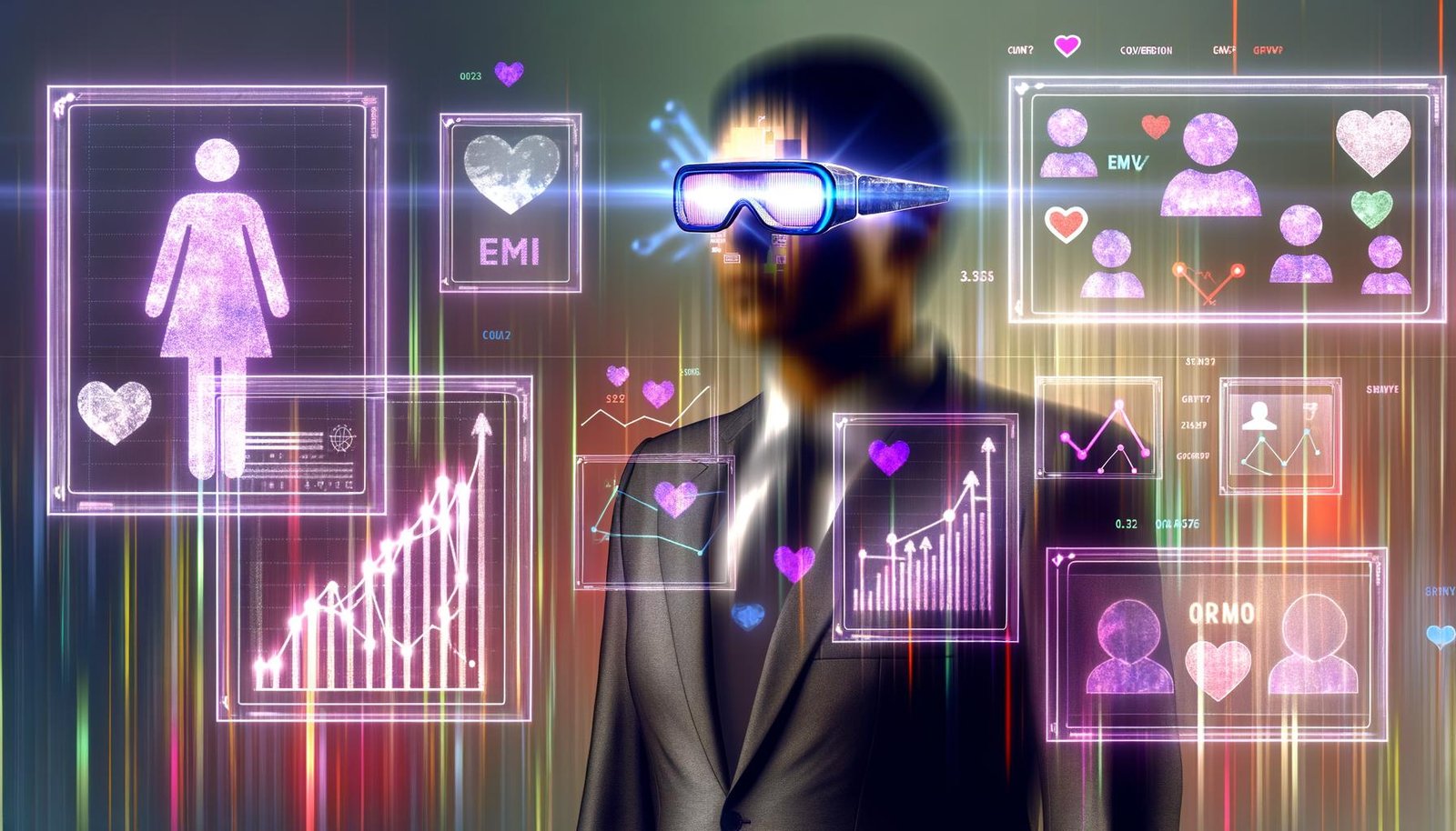 Moderne Business-Person mit Datenbrille betrachtet futuristische Dashboards mit bunten KPIs und Social-Media-Symbolen im Hintergrund