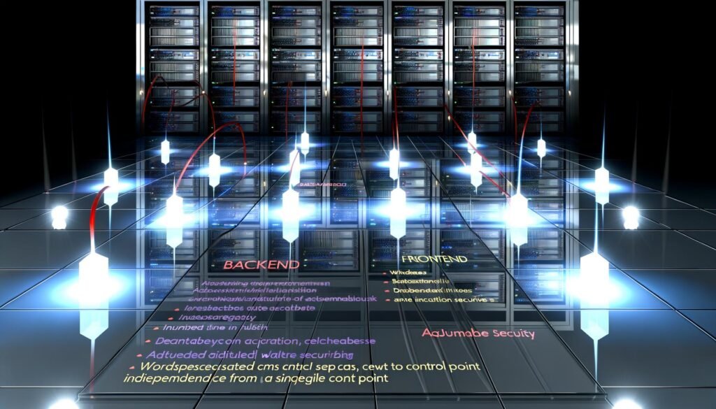 Futuristischer modularer Serverraum für dezentrales WordPress CMS mit Backend-, Frontend-, Datenbank-, API- und Asset-Modulen, verbunden durch leuchtende Datenlinien in einer modernen Umgebung.