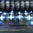 Futuristischer modularer Serverraum für dezentrales WordPress CMS mit Backend-, Frontend-, Datenbank-, API- und Asset-Modulen, verbunden durch leuchtende Datenlinien in einer modernen Umgebung.