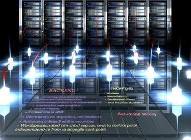 Futuristischer modularer Serverraum für dezentrales WordPress CMS mit Backend-, Frontend-, Datenbank-, API- und Asset-Modulen, verbunden durch leuchtende Datenlinien in einer modernen Umgebung.