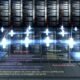 Futuristischer modularer Serverraum für dezentrales WordPress CMS mit Backend-, Frontend-, Datenbank-, API- und Asset-Modulen, verbunden durch leuchtende Datenlinien in einer modernen Umgebung.