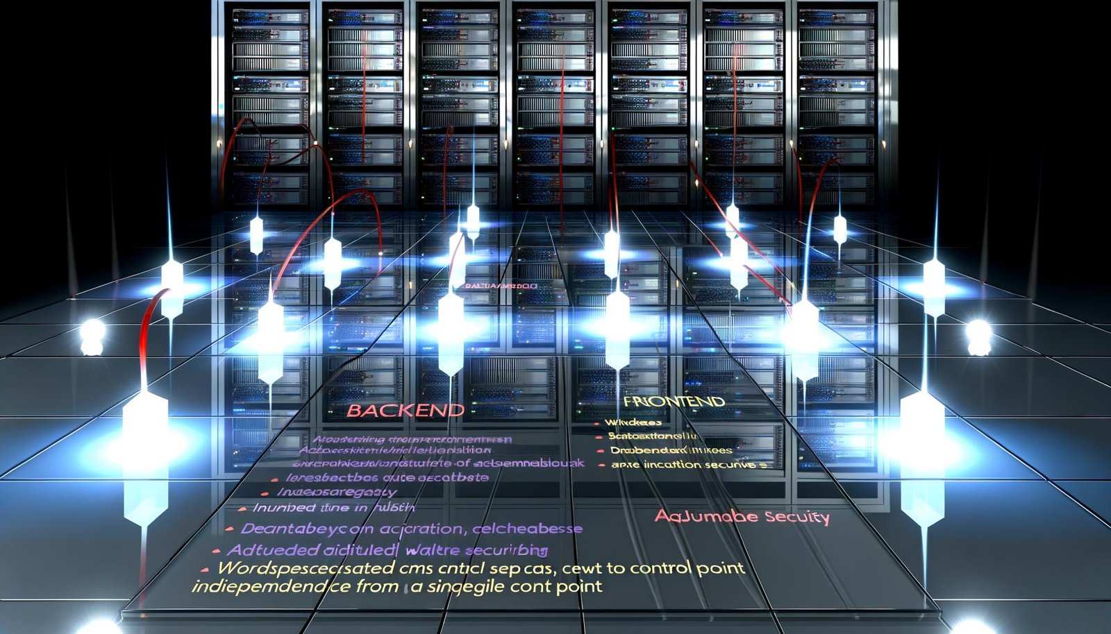 Futuristischer modularer Serverraum für dezentrales WordPress CMS mit Backend-, Frontend-, Datenbank-, API- und Asset-Modulen, verbunden durch leuchtende Datenlinien in einer modernen Umgebung.