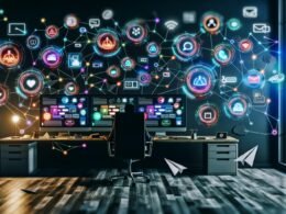 Illustration eines modernen Content Creators vor mehreren Monitoren in einem futuristischen Homeoffice, umgeben von bunten Dashboards, Vernetzungen und schwebenden Icons für Monetarisierung, Community und Payment.