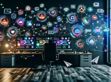 Illustration eines modernen Content Creators vor mehreren Monitoren in einem futuristischen Homeoffice, umgeben von bunten Dashboards, Vernetzungen und schwebenden Icons für Monetarisierung, Community und Payment.